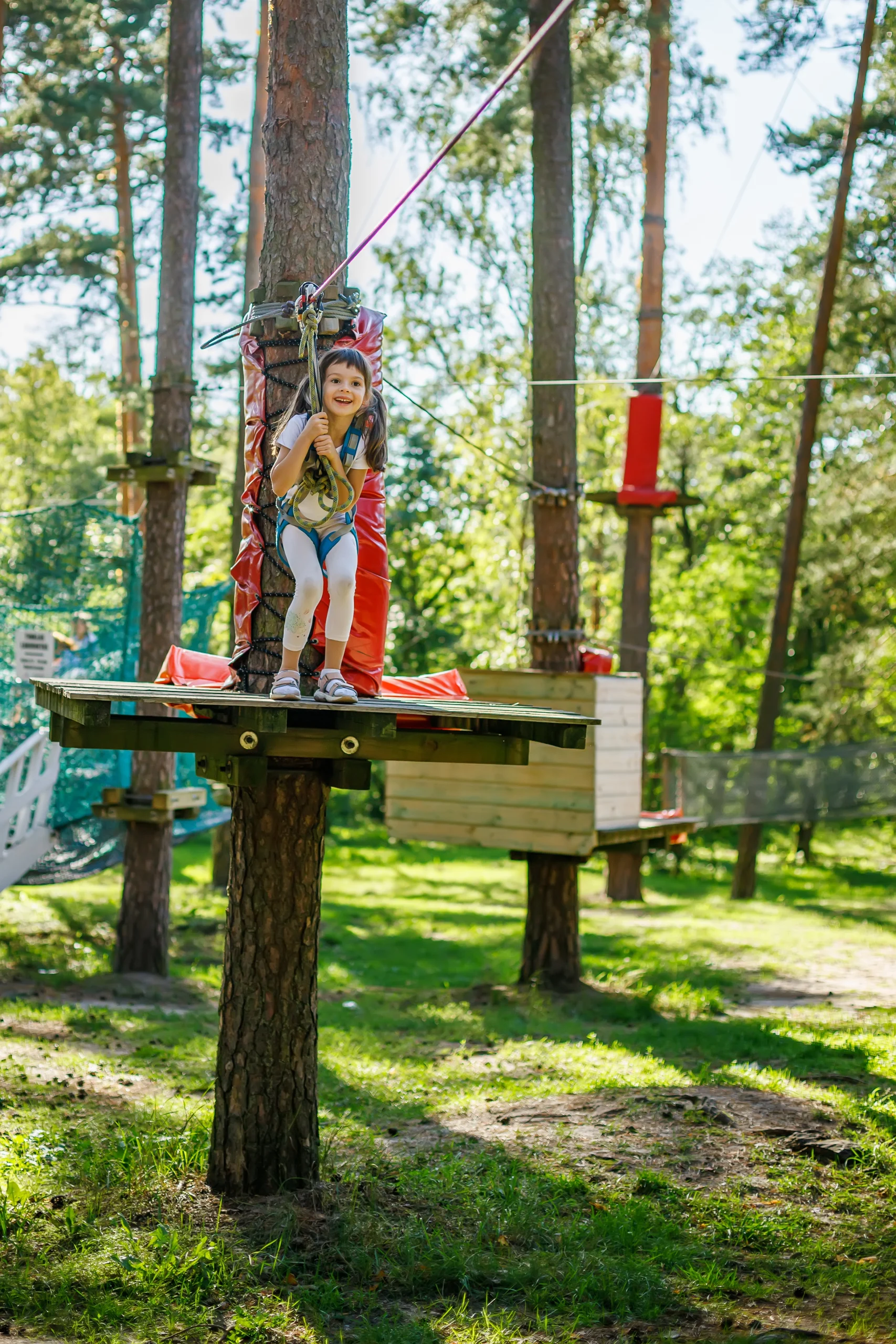 The young girl wearing a harness for safety, excitedly rides a zipline in a forest adventure park