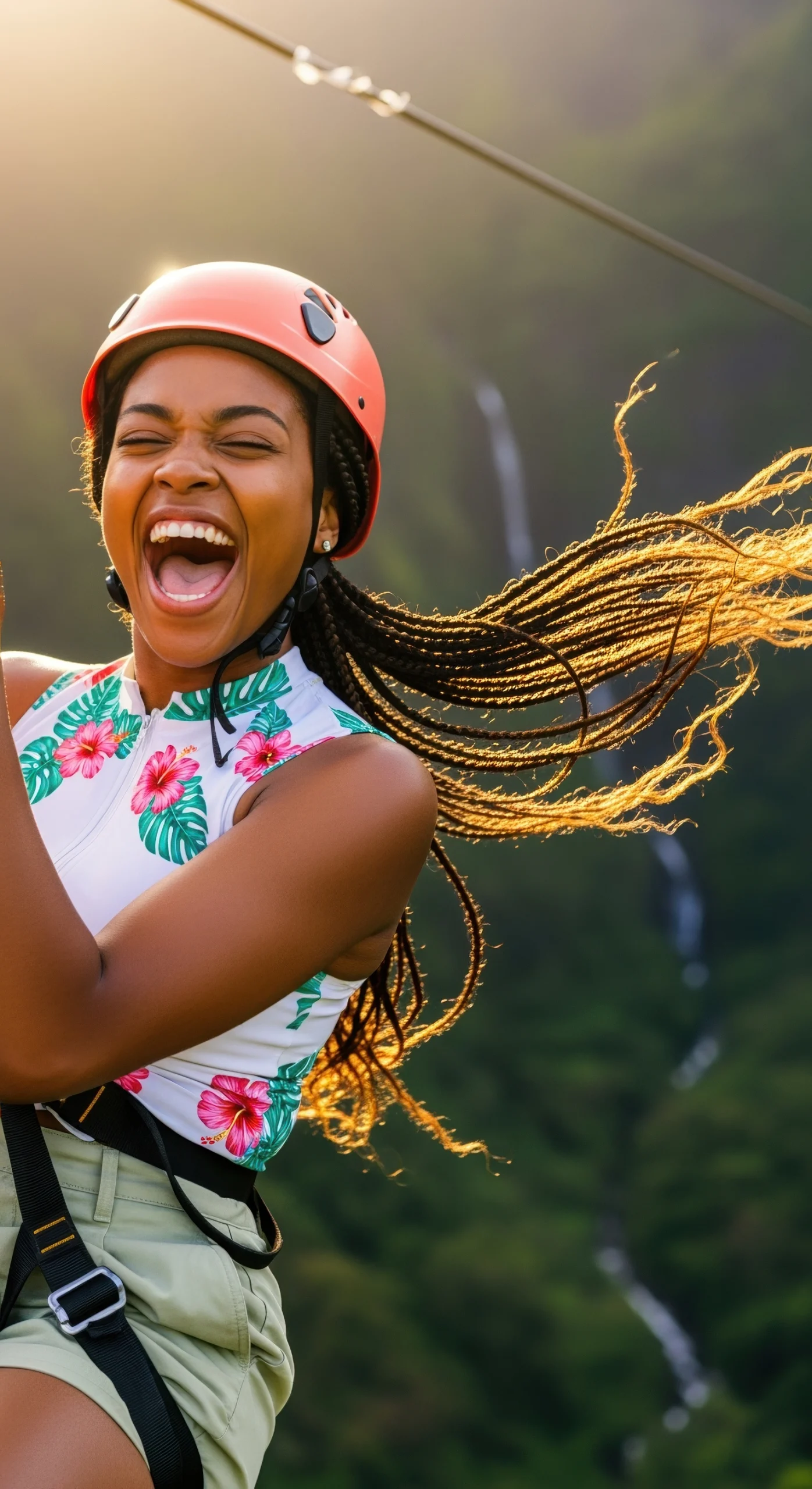 excited young woman ziplining through lush green forest on a sunny day