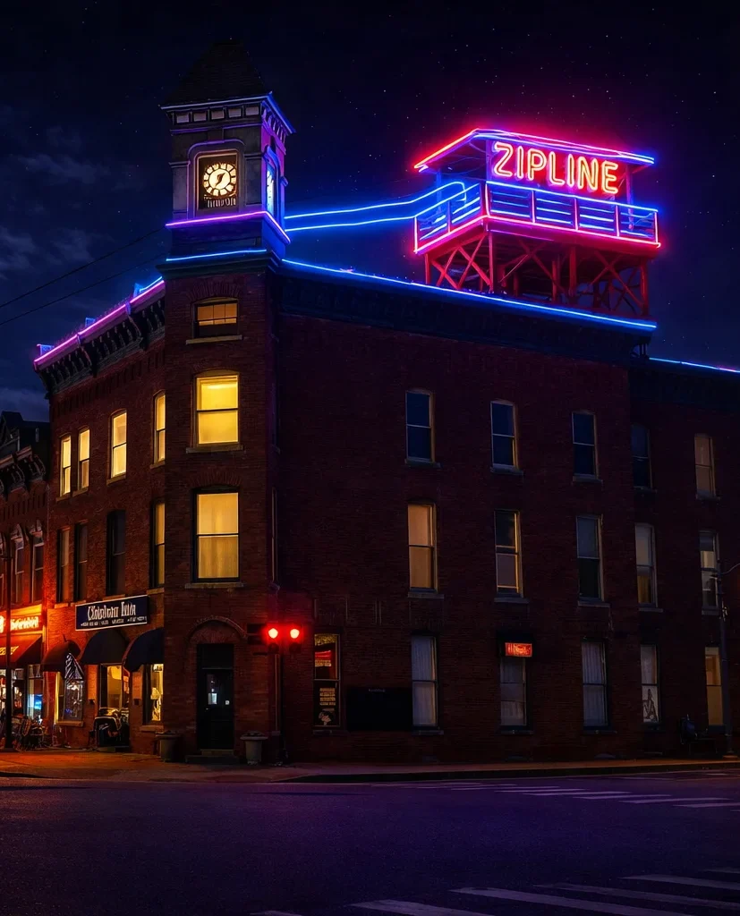 Neon-lit zipline in historic town crossroads