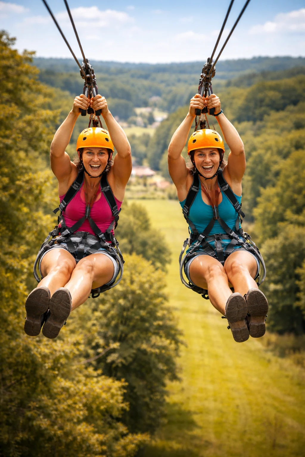 Zipline race over lush farmland