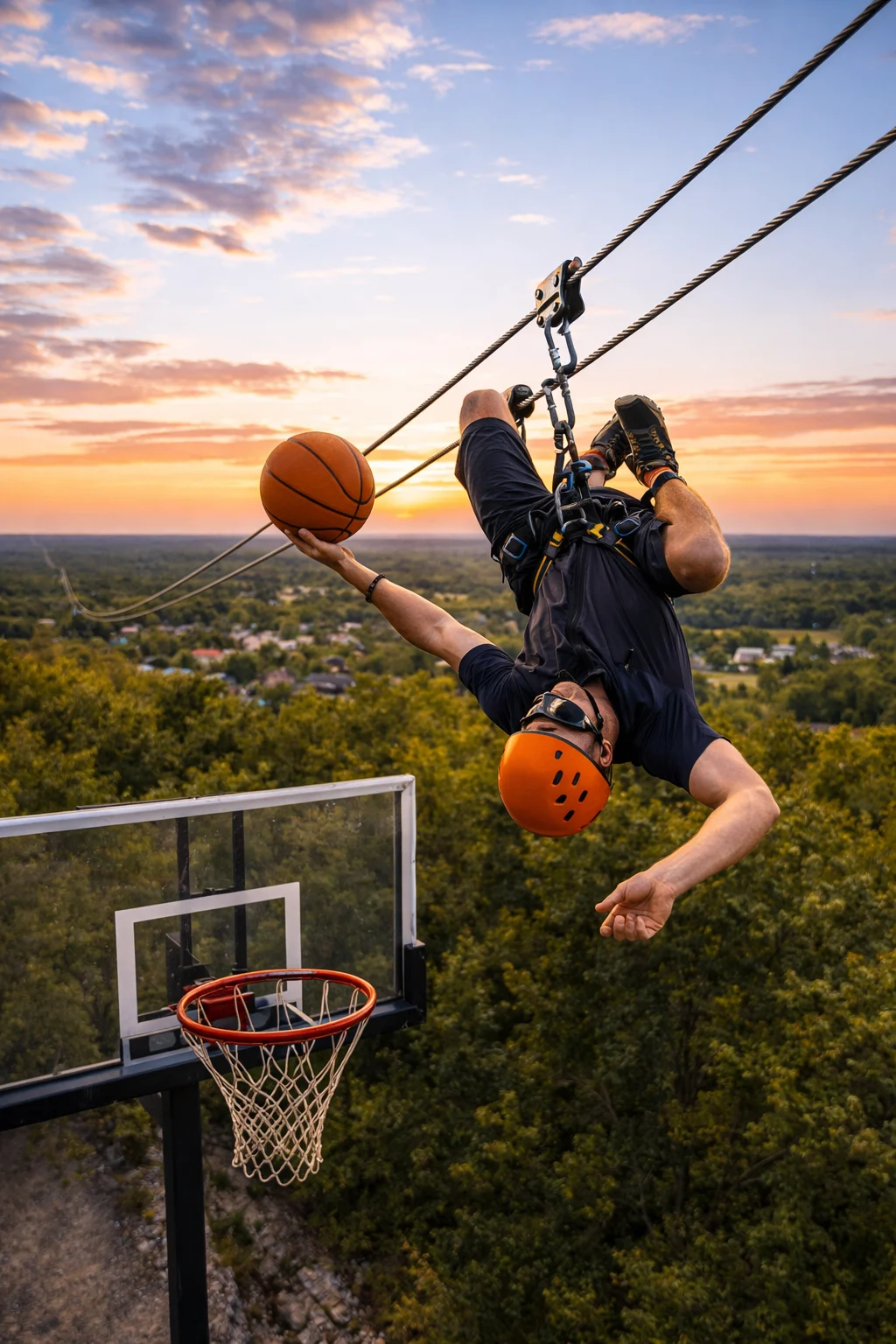 Ziplining basketball trick at sunset
